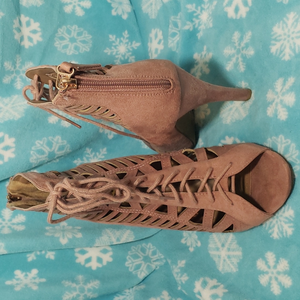 Etc! Blush peep toe, lace up and zipper in back heels